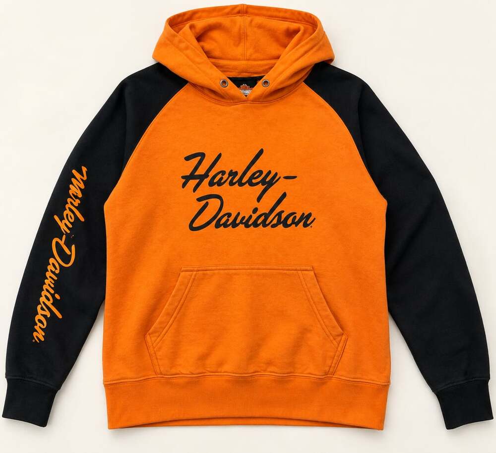 Harley Davidson Orange Black Raglan Hoodie Biker Moto Pullover Y2K Medium